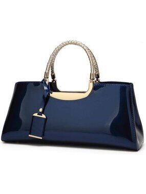 Dark Blue Patent Leather Structured Shoulder Handbag for Evening Parties